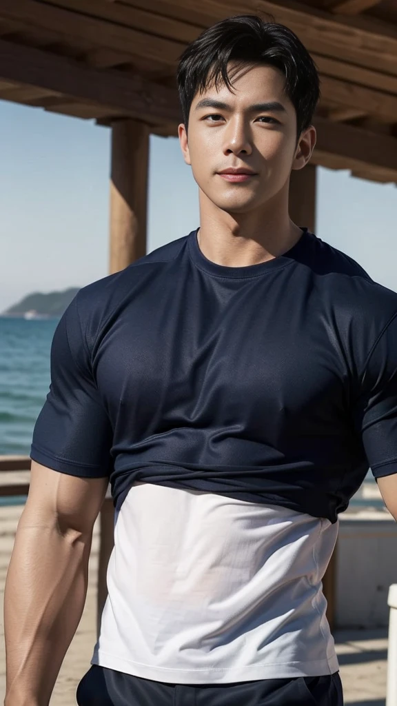 (Create a masterpiece: 1.2),(CGI art:1.3),(realistic:1.5),(After processing:1.3), (Sharp focus:1.3), 1 man, open mouth, smile, (Navy blue round neck shirt), Navy cargo pants, Korean guy , korean men, (High gloss details), chest muscles, large arm muscles, blood vessel, Big muscles, Broad shoulders, looking at the audience, Balancing the eyes, Seaside, beach, sunlight, running towards the camera