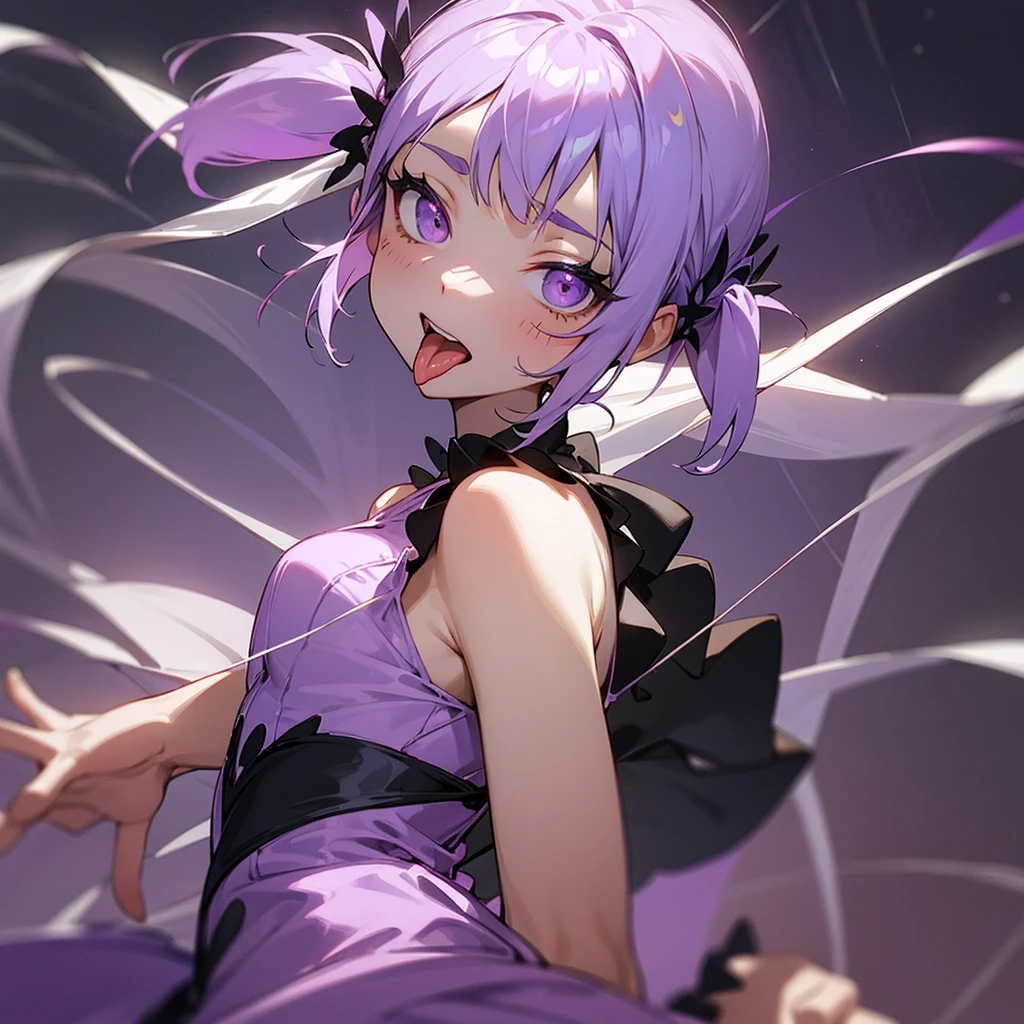 Spider lilies, tongue sticking out, light purple short pigtails, light purple one-piece dress