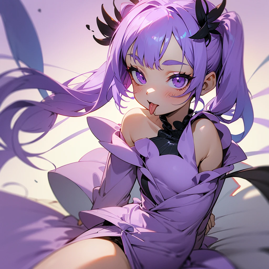 Spider lilies, tongue sticking out, light purple short pigtails, light purple one-piece dress