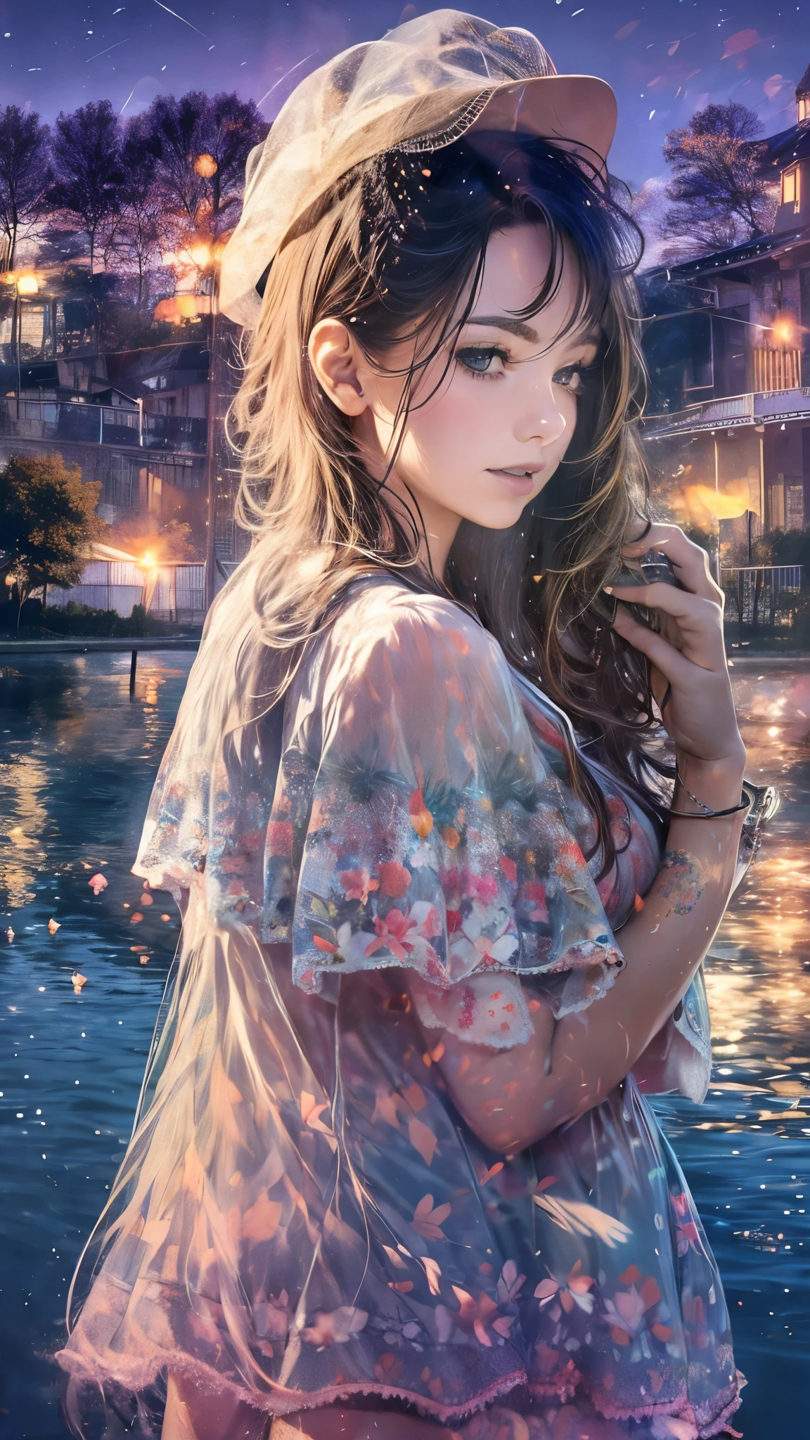 Photorealistic、((Super multiple exposure effect where the background can be seen through the clothes))、With a girl、Laughter、Lakeside in the background、wonderful、towards the night view, If you leave the shutter open for a long time、create a line of light.