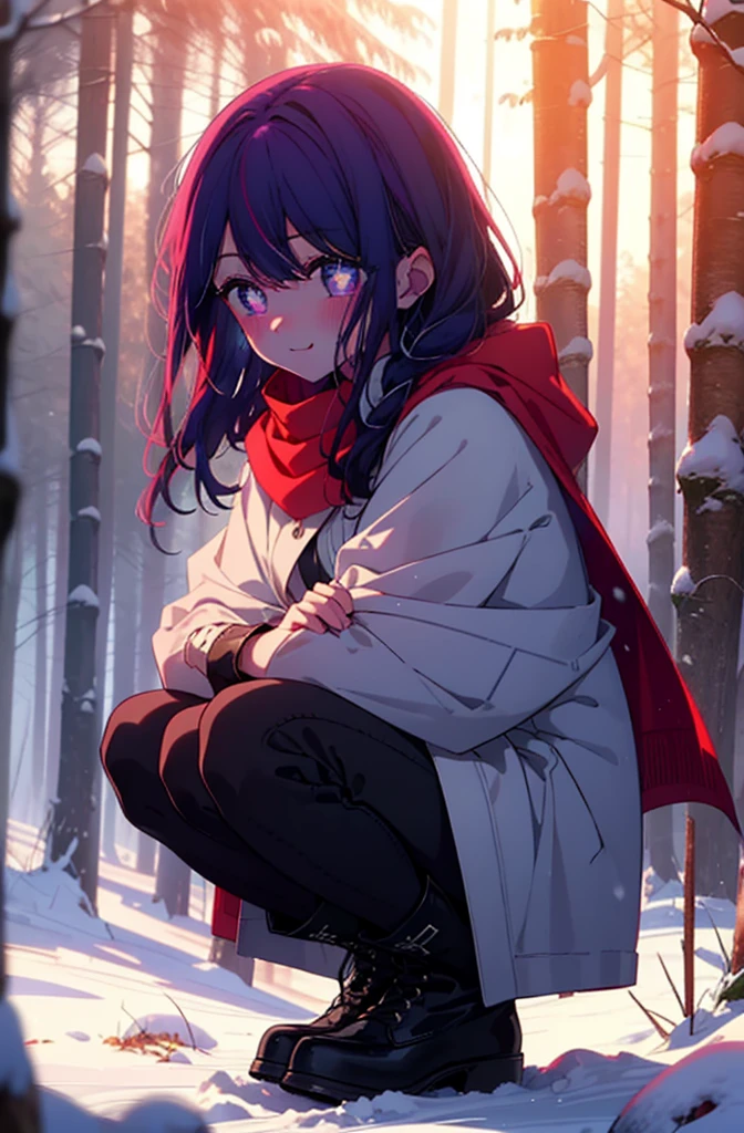 aihoshino, Ai Hoshino, Long Hair, bangs, (Purple eyes:1.1), Purple Hair, (Symbol-shaped pupil:1.5), smile,,smile,blush,White Breath,
Open your mouth,snow,Ground bonfire, Outdoor, boots, snowing, From the side, wood, suitcase, Cape, Blurred, , forest, White handbag, nature,  Squat, Mouth closed, Cape, winter, Written boundary depth, Black shoes, red Cape break looking at viewer, Upper Body, whole body, break Outdoor, forest, nature, break (masterpiece:1.2), Highest quality, High resolution, unity 8k wallpaper, (shape:0.8), (Beautiful and beautiful eyes:1.6), Highly detailed face, Perfect lighting, Highly detailed CG, (Perfect hands, Perfect ),