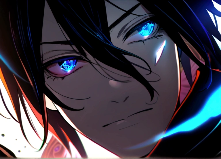 (masterpiece, best quality, ultra-detailed, best shadow), (detailed background,dark fantasy), (handsome detailed face), high contrast, (best illumination, an extremely delicate and beautiful), ((cinematic light)), colorful, hyper detail, dramatic light, intricate details, (1boy, solo,black hair, sharp face,blue eyes, hair between eyes,dynamic angle), blood splatter, blue moon, blue magic light, swirling black light around the character, depth of field,black light particles,(broken glass),magic circle,