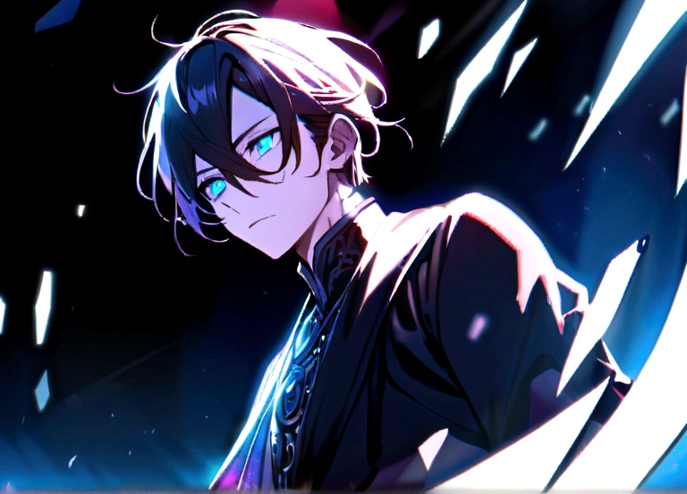 (masterpiece, best quality, ultra-detailed, best shadow), (detailed background,dark fantasy), (handsome detailed face), high contrast, (best illumination, an extremely delicate and beautiful), ((cinematic light)), colorful, hyper detail, dramatic light, intricate details, (1boy, solo,black hair, sharp face,blue eyes, hair between eyes,dynamic angle), blood splatter, blue moon, blue magic light, swirling black light around the character, depth of field,black light particles,(broken glass),magic circle,