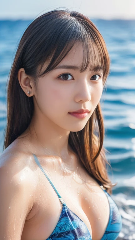 Female actor Haruna Kawaguchi、(The best quality in the best condition, High resolution, masterpiece:1.2), (((Sexy Woman))), (((Sweaty, Glowing Skin))), Actual, スポーツ レイト, Gentle soft lighting, アクアカラーパレット, Water wave reflection, Infinite Ocean, Carbonated water, Peaceful atmosphere, Wind, With a calm expression, Strong gaze, Partially submerged, Background sea, Wet hair dripping with water, Exquisite detail, Subtle Shadows, Glowing Skin, Curvy silhouette, コック, Brightly patterned swimsuit, Provocative charm.Busty women, masterpiece, anatomically correct, textured skin, high details, highres, 16k