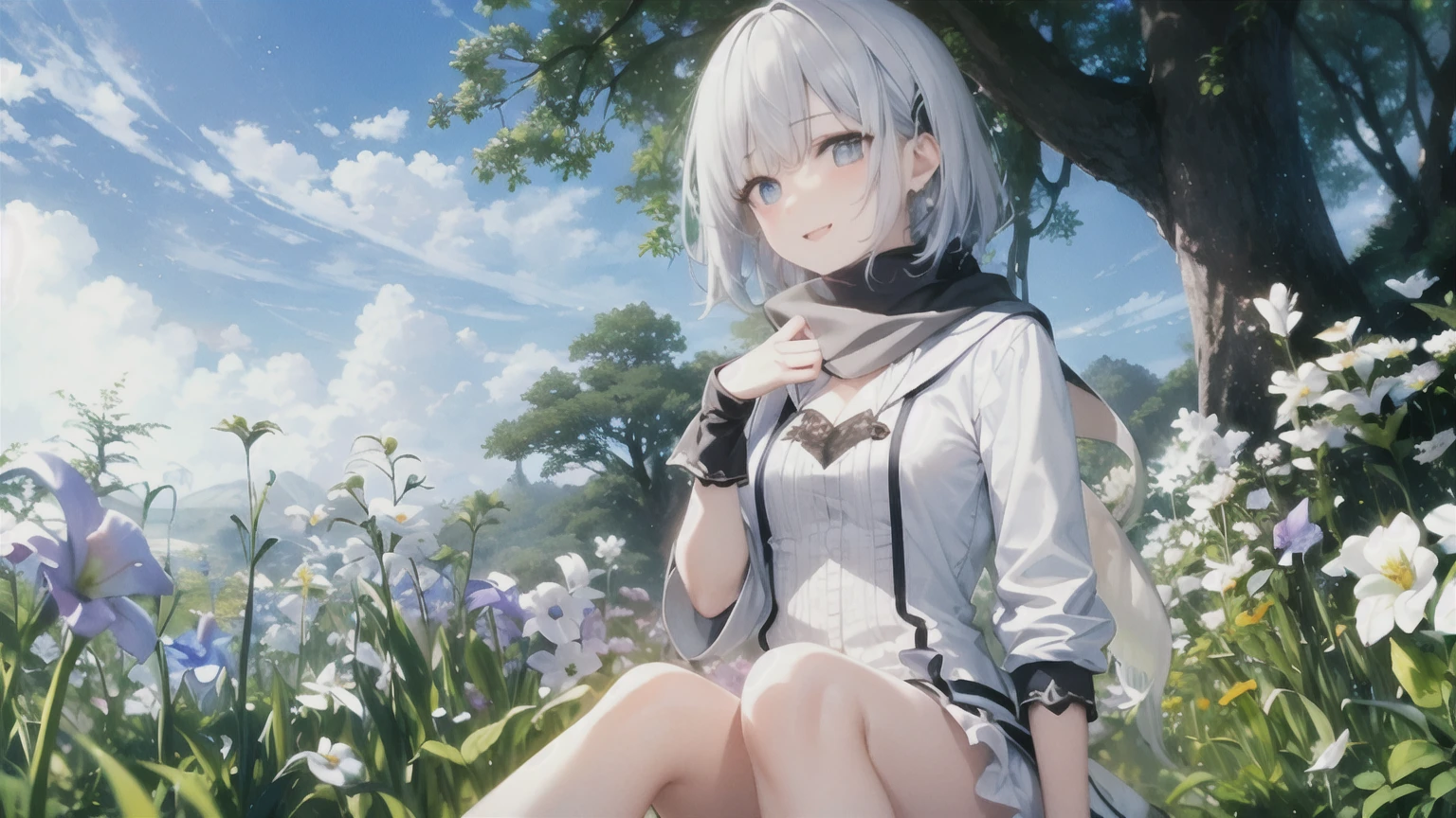 Ultra HD,Look at the viewers, Put your hands behind your back, With a girl, 20-year-old, 非常にShort Hair, Long bangs between the eyes, Pale blue eyes,  Very detailed,(masterpiece、Highest quality),Gray Hair、Laughter、Fantastic, Silver Hair, Iris,  Short hair、 Fluttering Hair、Small Face、明るいsmile、(Detailed face) ,Professional Lighting,Wonderful landscape,blue sky, sunlight,Looking down from above,Portraiture、Open your mouth、Flower Field、Her eyes were shining、Mysterious and enchanting atmosphere。With AI Painting、とてもShort Hair, Long bangs between the eyes, Very detailed,(masterpiece、Highest quality)、alone、Gray Hair、Fantasy, Silver Hair, Fantasyな風景、White shirt、smile、Open your mouth、short hair、Short Hair、hairpin、black eye、Grey Eyes、Beautiful Eyes、