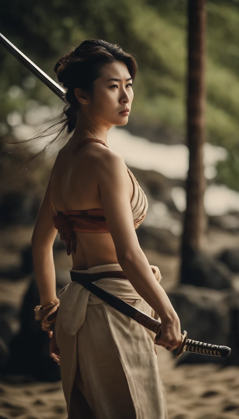 Samurai Swordsman　Japanese women　Swimwear　Seaside　Ridiculous　　　　chest emphasis
