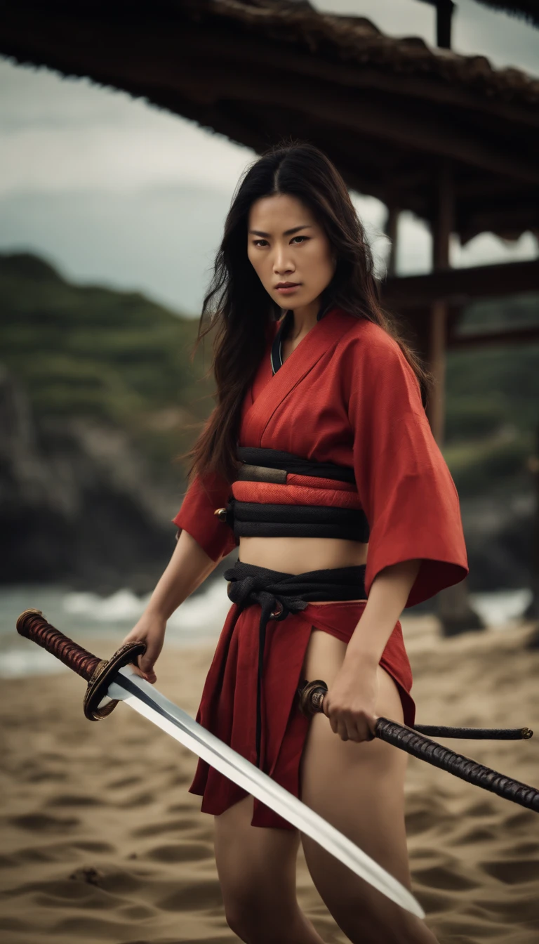 Samurai Swordsman　Japanese women　Swimwear　Seaside　Ridiculous　　　　chest emphasis