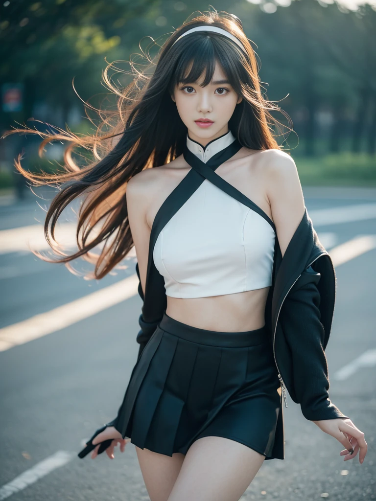 type 95, One girl, type 95 \(Girls' Frontline\), alone,
shirt, Cape,skirt,pleated skirt,gloves, tie,ribbon, Jacket, pantyhose,hair band,
Long Hair, hair band, Black Hair, bangs, blunt bangs,((Cowboy Shot)), ((Bare shoulders)), ((Short hem, Sexy long legs)), ((An elegant and attractive posture, Random View Shot)), Realistic detailed photo of a giant breasted girl with exposed shoulders, Detailed fingers, High quality skin, Red eyes, 雲の降る冬のWind景の中にaloneいる, Wind, And flowing hair, (Highest quality,4K,8K,High resolution,masterpiece:1.2),Super detailed,(Realistic,photoRealistic,photo-Realistic:1.37),Studio Lighting,Vibrant colors