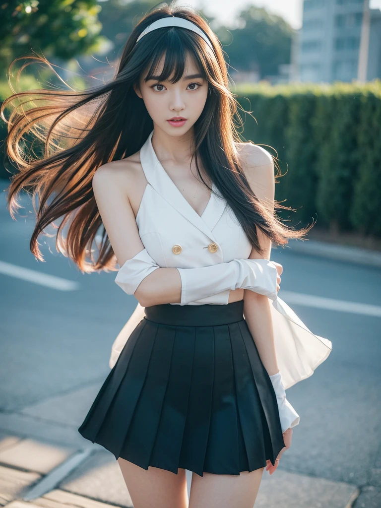 type 95, One girl, type 95 \(Girls&#39; Frontline\), alone,
shirt, Cape,skirt,pleated skirt,gloves, tie,ribbon, Jacket, pantyhose,hair band,
Long Hair, hair band, Black Hair, bangs, blunt bangs,((Cowboy Shot)), ((Bare shoulders)), ((Short hem, Sexy long legs)), ((An elegant and attractive posture, Random View Shot)), Realistic detailed photo of a giant breasted girl with exposed shoulders, Detailed fingers, High quality skin, Red eyes, 雲の降る冬のWind景の中にaloneいる, Wind, And flowing hair, (Highest quality,4K,8K,High resolution,masterpiece:1.2),Super detailed,(Realistic,photoRealistic,photo-Realistic:1.37),Studio Lighting,Vibrant colors