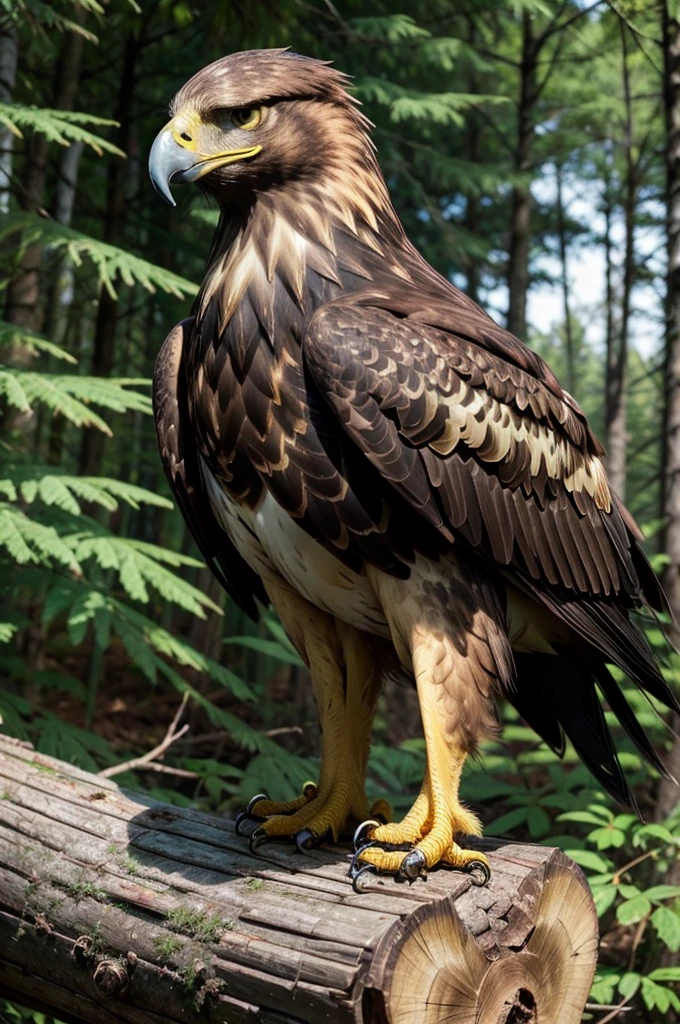 (realistic golden eagle), (two legs), (perched on a log), (summoned face)