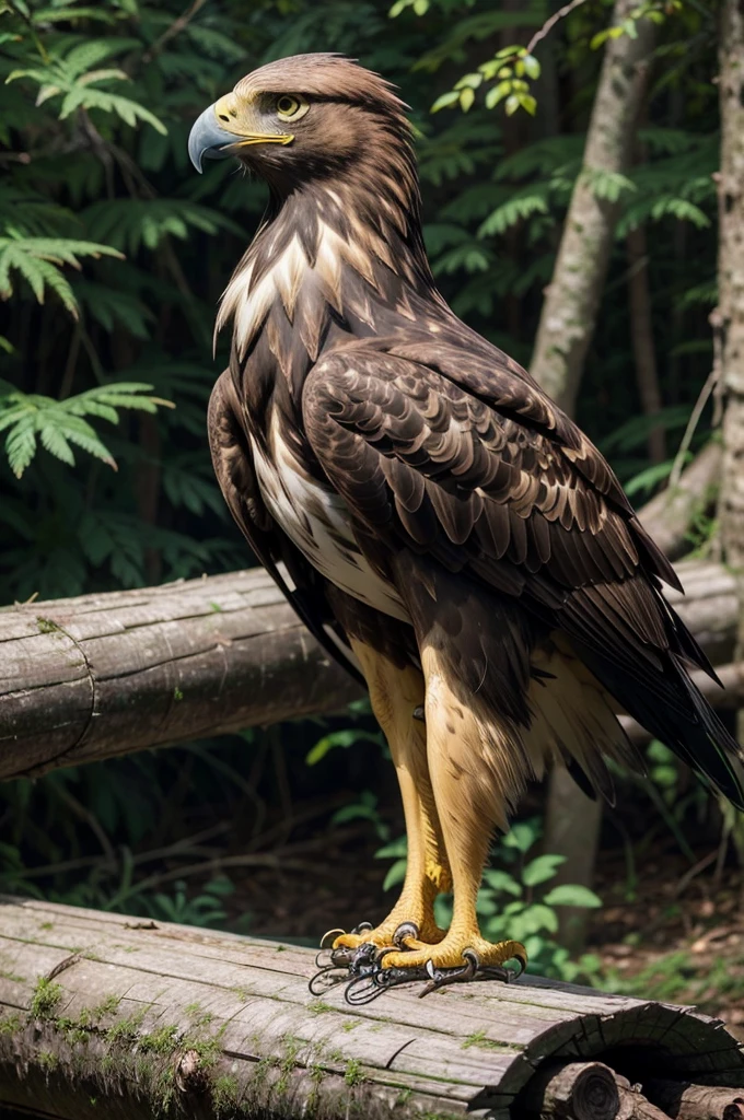 (realistic golden eagle), (two legs), (perched on a log), (summoned face)