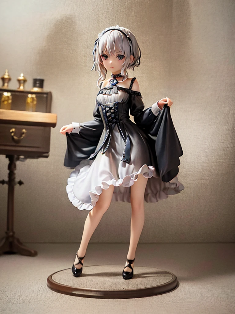 Masterpieces, Miniature of a figure of early 20's Russian girl with aschgray colored hair, head to toe full body,inside a parfum glass bottle, photo studio, The face is precise((must))