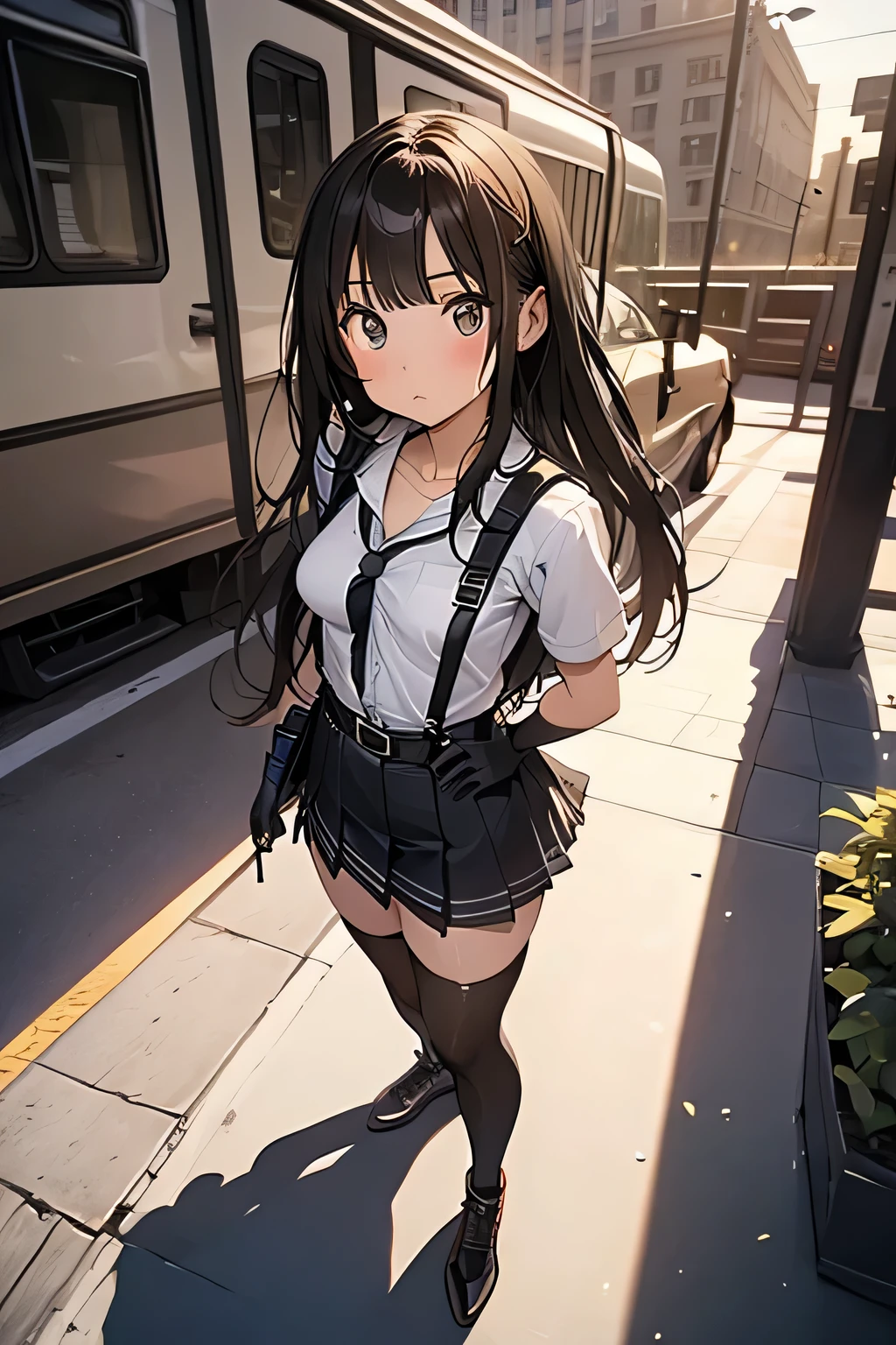 high quality, masterpiece, Ultra-high resolution, (realism: 1.4), Oil painting style, Cinema Lighting, , I stood on the empty asphalt road and looked at it., And the suspenders with the cranes flying Large Breasts Small face holster Lying in bed Looking up Sweat belt summer 脇Sweat Black Hole Gloves suit mini skirt garterbelt Leg Links ズボンにbelt holster Hands behind your back Anxious expression Looking up Anxious face Knee-high Knee socks Knee-highソックス garterbelt garter ふとももにgarterbelt