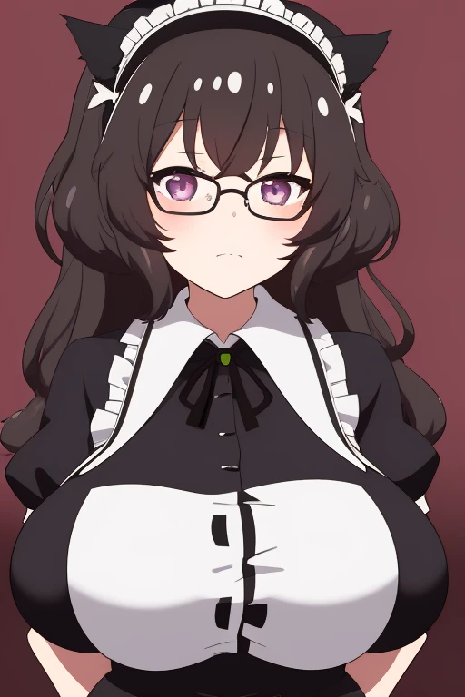 1girl, young girl with huge breasts, gothic ta, maid outfit, glasses, black hair, silver eyes, Ilulu (dragon maid), Yukari (girls und panzer)