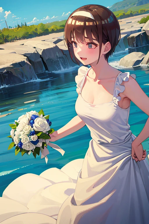 (masterpiece, Highest quality, detailed), One Girl, alone, Asymmetrical Short Hair,Brown Hair, Brown eyes, Black Wedding Dress, Long dress, Outdoor, Day, Chapel, blue sky, smile, Open your mouth,Watery eye,marriage,front,Hold the bouquet with both hands,Please put a black veil on your head.,Black wedding dress,Please shed a tear,
