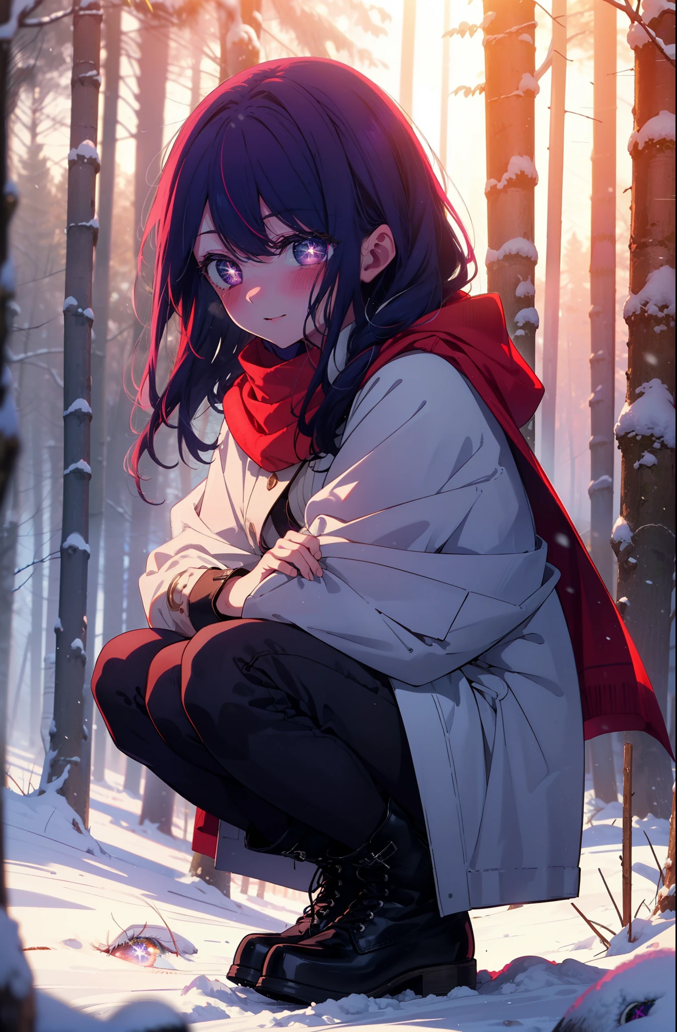 aihoshino, Ai Hoshino, Long Hair, bangs, (Purple eyes:1.1), Purple Hair, (Symbol-shaped pupil:1.5), smile,,smile,blush,White Breath,
Open your mouth,snow,Ground bonfire, Outdoor, boots, snowing, From the side, wood, suitcase, Cape, Blurred, , forest, White handbag, nature,  Squat, Mouth closed, Cape, winter, Written boundary depth, Black shoes, red Cape break looking at viewer, Upper Body, whole body, break Outdoor, forest, nature, break (masterpiece:1.2), Highest quality, High resolution, unity 8k wallpaper, (shape:0.8), (Beautiful and beautiful eyes:1.6), Highly detailed face, Perfect lighting, Highly detailed CG, (Perfect hands, Perfect Anatomy),