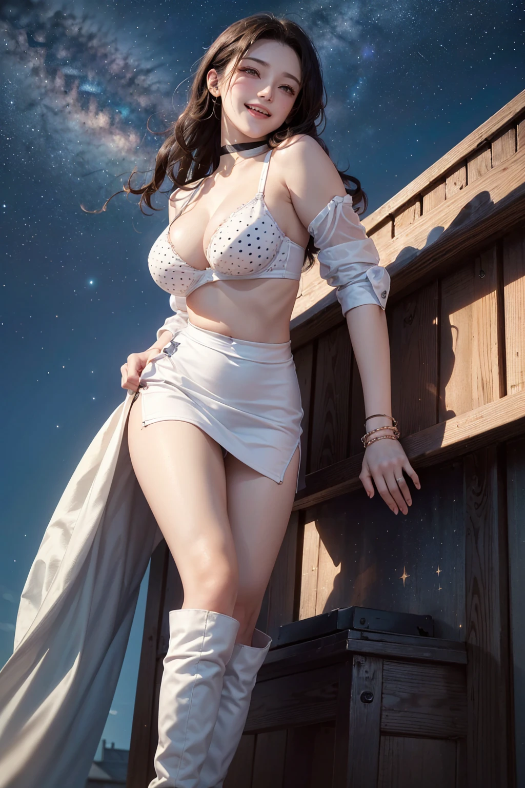 (masterpiece:1.3, Highest quality, Ultra-high resolution, Super detailed), (Realistic, photoRealistic:1.4), Perfect lighting, Natural light, colorful, Depth of written boundary, Browsing Caution, Surrealism, Beautiful detailed hair,Beautiful eyelashes, Beautifully detailed face, Beautiful fine details, Beautiful clavicle, Beautiful body, Beautiful feet, Beautiful Hands, thin, 1 girl, Perfect Face,((Skinny1.2)), (Perfect Anatomy, Anatomically correct, Highly detailed skin), Shiny skin,((beautiful girl:1.1)),(( large breasts1.5 )),Big Breasts(Mid-length hair:1.4, Wavy Hair:1.2, Black Hair),hair over one eye,Long Eyelashes,Dainty facial structure,(Happy smile:1.3),((contrasted)), wearing polka dot bra, wearing polka dot bra,((wearing see-through white shirt)), open shirts,wearing black high-waist skirt,((choker)),((knee boots)),((bracelet)),((Arching the back)), ((The sky is filled with twinkling stars and the Milky Way is clearly visible)),Starry Sky,The scene exudes a sense of calm and wonder as she admires the breathtaking celestial view,((wide shot)),from below,A beautiful woman sitting on the rooftop of a building, looking up at the stunning night sky. The Milky Way is clearly visible, and she is surrounded by the twinkling stars. She has long, flowing hair and is wearing simple, elegant clothing, gazing up in wonder at the celestial view,((wide shot:1.1)),((from below)),
