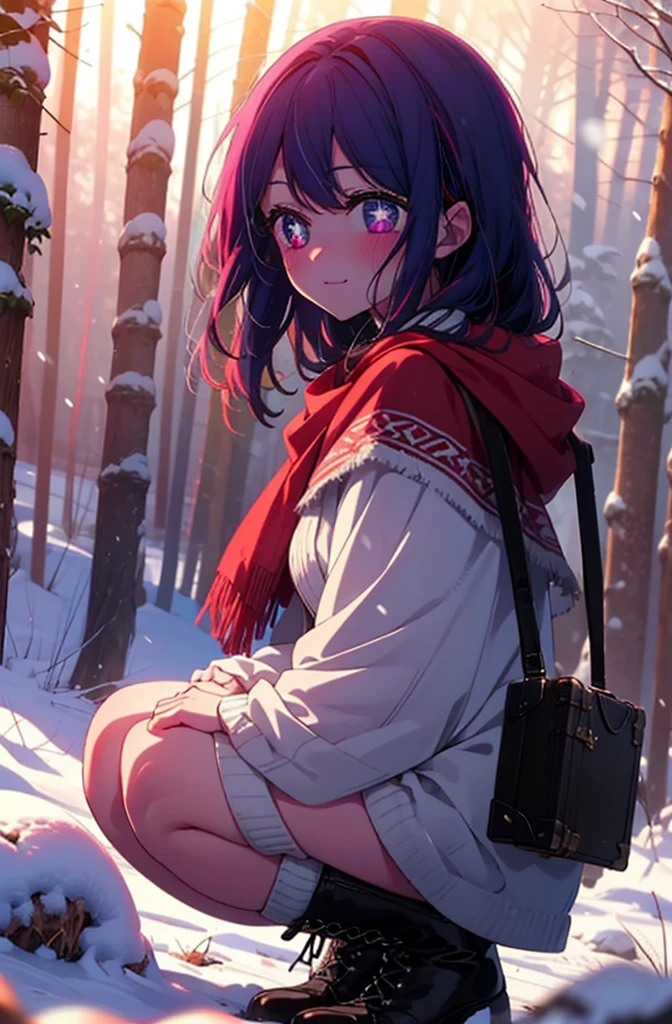 aihoshino, Ai Hoshino, Long Hair, bangs, (Purple eyes:1.1), Purple Hair, (Symbol-shaped pupil:1.5), smile,,smile,blush,White Breath,
Open your mouth,snow,Ground bonfire, Outdoor, boots, snowing, From the side, wood, suitcase, Cape, Blurred, , forest, White handbag, nature, Squat, Mouth closed, Cape, winter, Written boundary depth, Black shoes, red Cape break looking at viewer, Upper Body, whole body, break Outdoor, forest, nature, break (masterpiece:1.2), Highest quality, High resolution, unity 8k wallpaper, (shape:0.8), (Beautiful and beautiful eyes:1.6), Highly detailed face, Perfect lighting, Highly detailed CG, (Perfect hands, Perfect Anatomy),