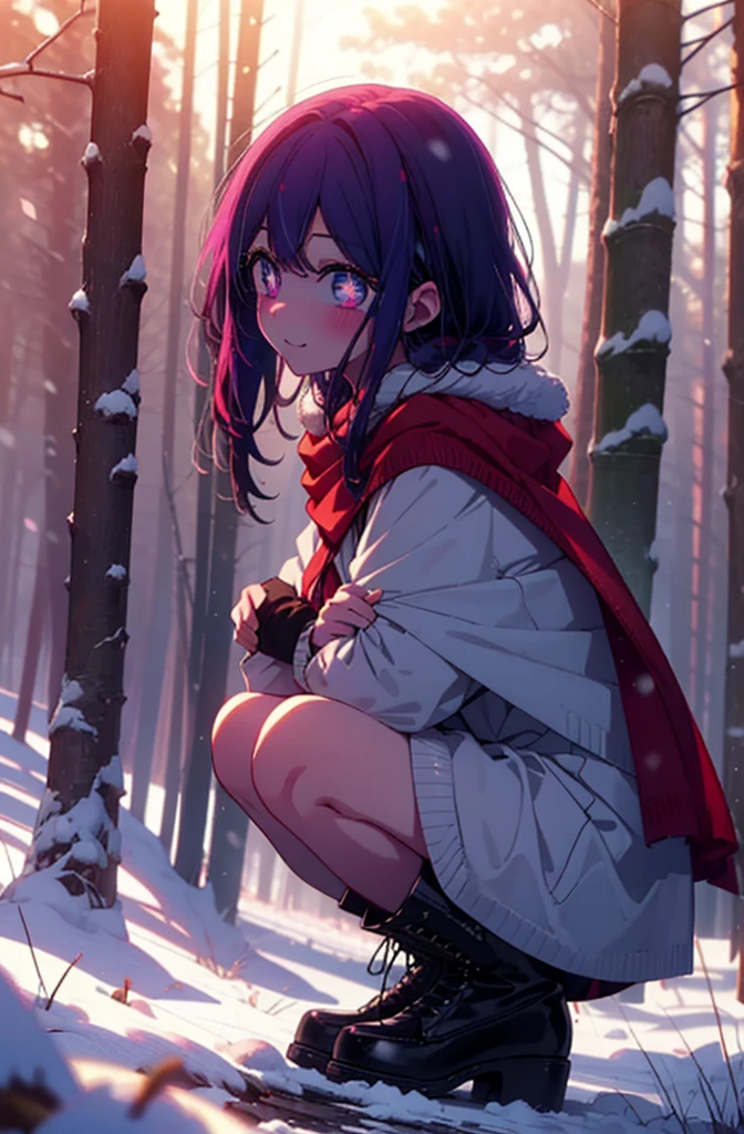 aihoshino, Ai Hoshino, Long Hair, bangs, (Purple eyes:1.1), Purple Hair, (Symbol-shaped pupil:1.5), smile,,smile,blush,White Breath,
Open your mouth,snow,Ground bonfire, Outdoor, boots, snowing, From the side, wood, suitcase, Cape, Blurred, , forest, White handbag, nature, Squat, Mouth closed, Cape, winter, Written boundary depth, Black shoes, red Cape break looking at viewer, Upper Body, whole body, break Outdoor, forest, nature, break (masterpiece:1.2), Highest quality, High resolution, unity 8k wallpaper, (shape:0.8), (Beautiful and beautiful eyes:1.6), Highly detailed face, Perfect lighting, Highly detailed CG, (Perfect hands, Perfect Anatomy),