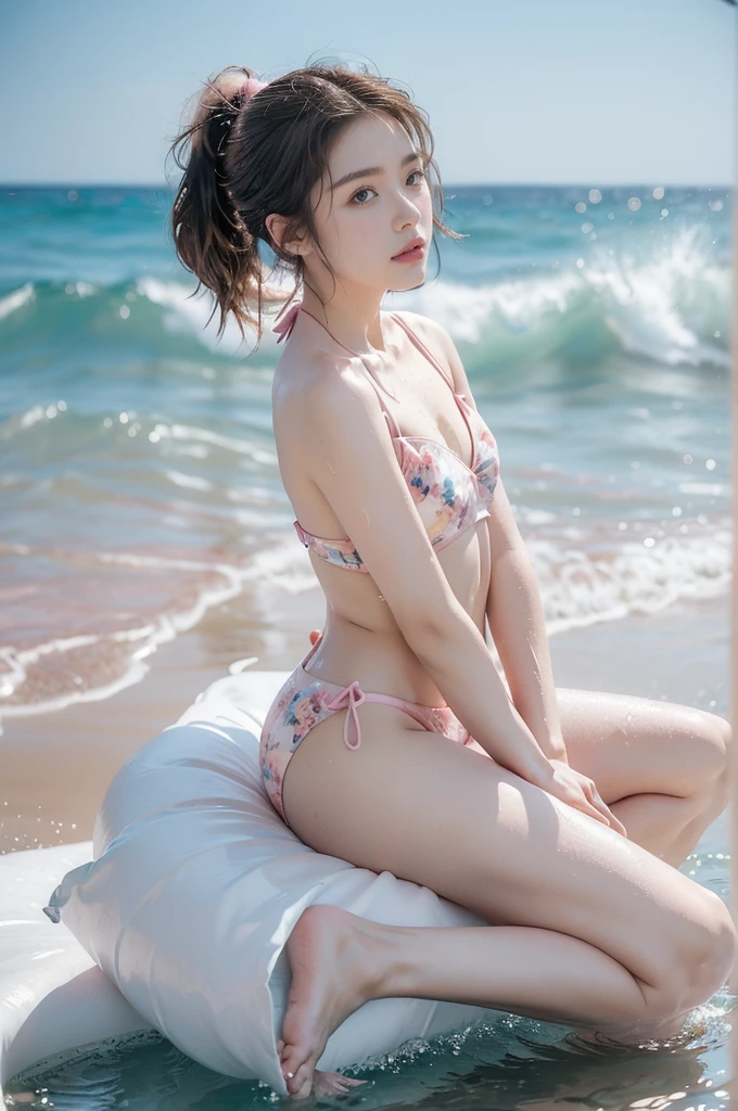 (((best quality))), (((ultra detailed))), (((masterpiece))), illustration,((1 beautiful young girl,solo)),((slim,thin)),(vibrant pink floral swimsuit:1.3),((small breasts,flat chest)),(short ponytail:1.2),((shiny skin,sweat,wet)),slender legs,seaside, summer, joyful, playful, physical features, smooth fair skin, gentle sea breeze, endless azure sky, picturesque backdrop, whiteness of sand, deep blues of the sea, waves crashing, internal turmoil, transformation,on the cusp of womanhood, confidence, sexuality, metaphorical plunge, next chapter of life,significance of the moment, beauty of the seaside, celebration of youth, excitement of summer ahead,(sitting:1.3),((from front,full body,arms behind back,spread legs apart))