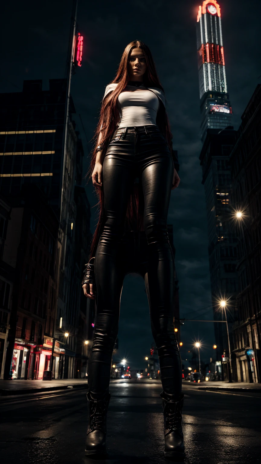 Teenage european slim girl, der reise art, der riese, red long hair. Giant woman bigger than a skyscraper. Red leather pants, white t shirt, military boots, very small metropolis, Trying to destroy a miniature metropolis, Full body depiction, nffsw, giga der riese, der riese, Black pantyhose, Stomping City,crash city,Small town,micro city,