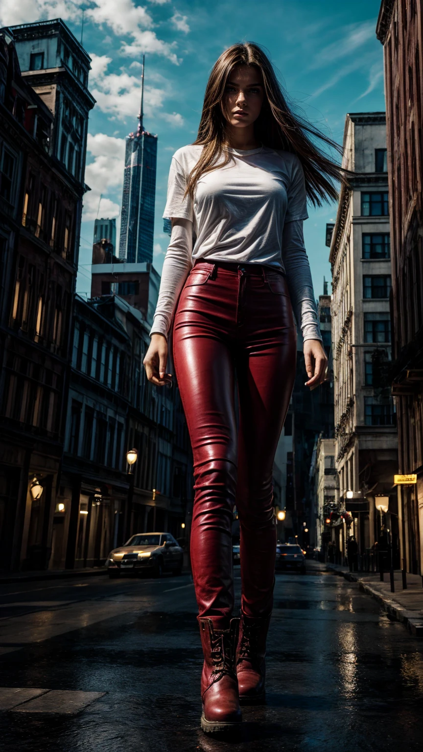 Teenage european slim girl, der reise art, der riese, red long hair. Giant woman bigger than a skyscraper. Red leather pants, white t shirt, military boots, very small metropolis, Trying to destroy a miniature metropolis, Full body depiction, nffsw, giga der riese, der riese, Black pantyhose, Stomping City,crash city,Small town,micro city,