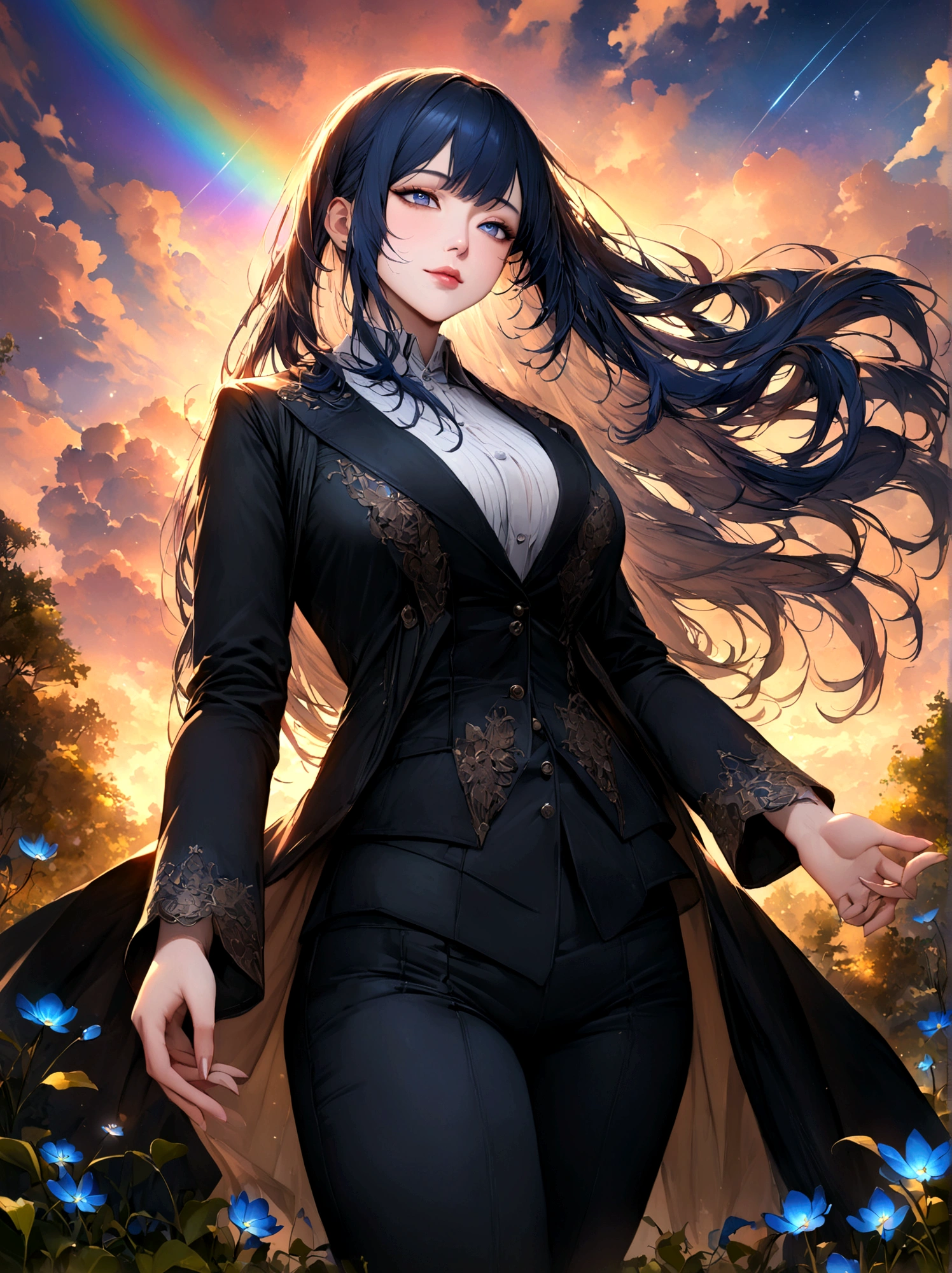 Beautiful Hands, Beautiful dress, (Highest quality:1.2), Intricate details, Decoration, One girl, Multicolored Hair, Long Hair, Collared shirt, Jacket, bangs, Long sleeve, blue flower, (Mature Woman:1.2), Decoration, (Dark blue hair, Lightブルーインナー), extra Long Hair, Straight hair, blue eyes, Slanted Eyes, White inner shirt, (long black Jacket, Black long pants), (masterpiece, Highest quality:1.2), Intricate details, Decoration, One girl, Multicolored Hair, Long Hair, Collared shirt, bangs, Long sleeve, blue flower, (Mature Woman:1.2), Stars and comets pass by in the vast sky, Beautiful Clouds, A tree where fireflies and butterflies glow々, (Ultra-realistic), {Highly detailed CG unit 8K wallpaper}, Vast landscape photography, (Panoramic view of the sky from below, vast open field vision), (Low angle shot), (Light: 1.5), (warm Light source: 1.2), Intricate details, (Rainbow colors: 1.2), (bright Lighting), (atimospheric Lighting), dream-like, magic, fairy tale