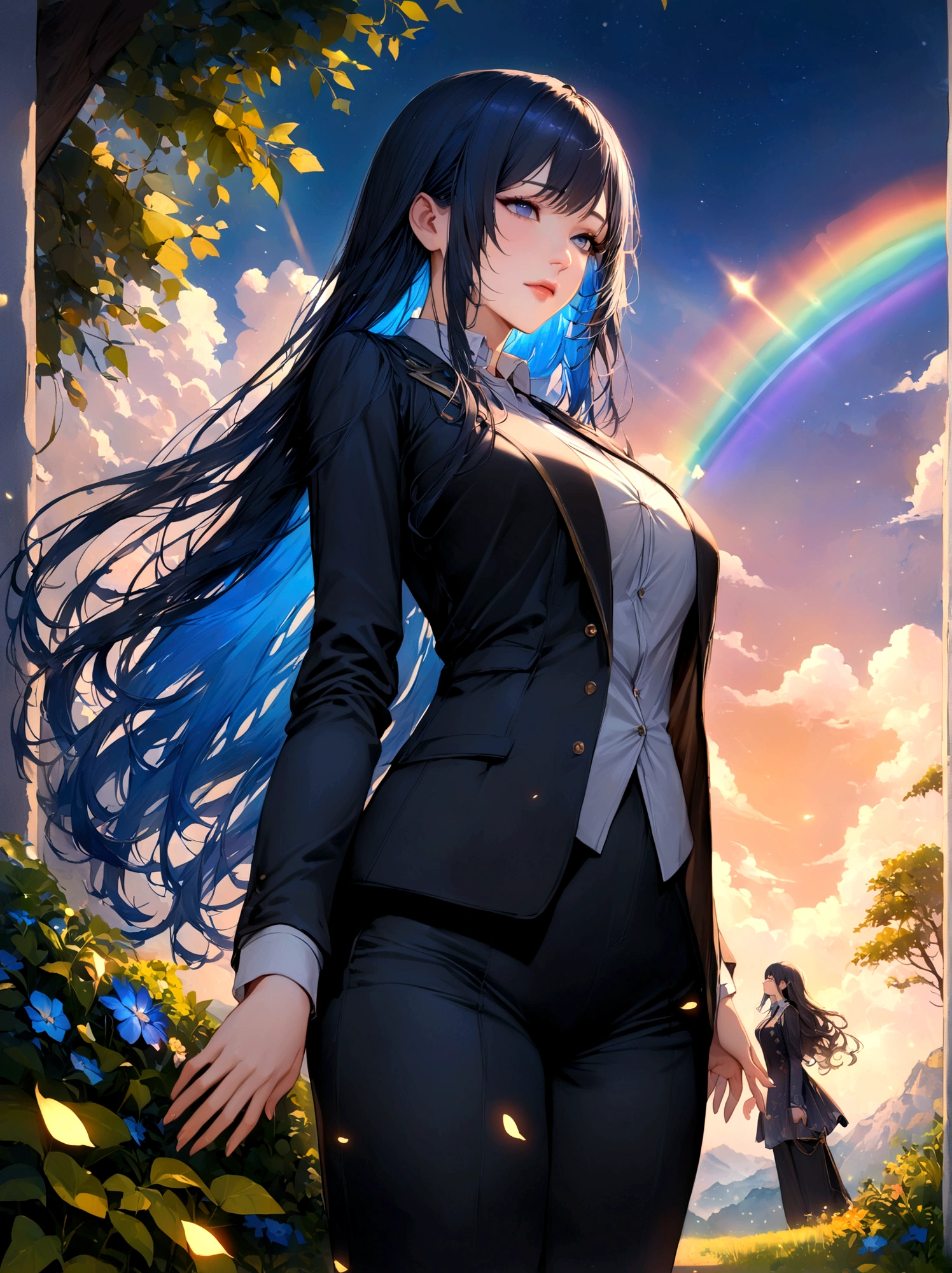Beautiful Hands, Beautiful dress, (Highest quality:1.2), Intricate details, Decoration, One girl, Multicolored Hair, Long Hair, Collared shirt, Jacket, bangs, Long sleeve, blue flower, (Mature Woman:1.2), Decoration, (Dark blue hair, Lightブルーインナー), extra Long Hair, Straight hair, blue eyes, Slanted Eyes, White inner shirt, (long black Jacket, Black long pants), (masterpiece, Highest quality:1.2), Intricate details, Decoration, One girl, Multicolored Hair, Long Hair, Collared shirt, bangs, Long sleeve, blue flower, (Mature Woman:1.2), Stars and comets pass by in the vast sky, Beautiful Clouds, A tree where fireflies and butterflies glow々, (Ultra-realistic), {Highly detailed CG unit 8K wallpaper}, Vast landscape photography, (Panoramic view of the sky from below, vast open field vision), (Low angle shot), (Light: 1.5), (warm Light source: 1.2), Intricate details, (Rainbow colors: 1.2), (bright Lighting), (atimospheric Lighting), dream-like, magic, fairy tale