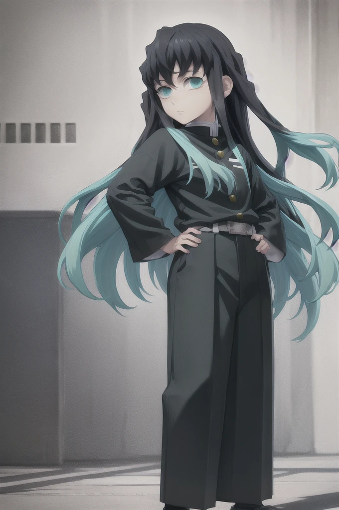 masterpiece, best quality, 1boy, muichiro,long hair, black hair, aqua hair, bangs,  multicolored hair, sidelocks, long sleeves, aqua eyes, demon slayer uniform, pants, standing, looking at viewer, hands on hip, idle