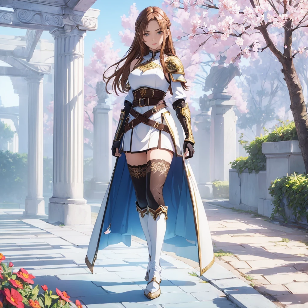 ((1girl, solo)), standing, beautiful body, (perfect anatomy, perfect body, perfect hands, perfect legs), natural proportions, sexy body, large breasts, ((full body, full body front)), hand on hip BREAK
((extremely detailed face)), (beautiful detailed eyes:1.6), (realistic pupils, realistic iris:1), expressive eyes, looking at viewer, (clear eyes:1.3), (hyperrealistic:1.2), (detailed skin texture:1.2), smooth skin, asuna yuuki, (brown hair:1.5), (brown eyes), long hair, braid, bangs, (detailed lips:1.3), (attractive lips:1.1), (glossy lips:1.1), perfect face, perfect eyes BREAK
mini dress, long sleeves, (shoulder armor:1.3), (arm guard:1.3), partially fingerless gloves, ((black thighhighs)), knee high boots, armored boots, thighs, zettai ryouiki, belt, cape BREAK
outdoors, day, (garden:1.5), (flower:1.3), (trees:1.3), (shade of trees:1.2), medieval BREAK
(masterpiece:1.5), anime-style, top quality, best quality, (beautiful and aesthetic:1.2), (ultra detail:1.5), Ultra-detailed depiction, Ultra-precise depiction, extremely detailed 8k illustration, high resolution, (highly detailed shading:1.2), (realistic lighting:1.4), perfect lighting, vibrant colors, dynamic tones, striking hues, 8k, absurd resolution, perfect shadows, hdr, UHD, ambient lighting, realistic, ultra-realistic, photo realistic, highly detailed, rich detail, luminous colors, fine texture, intricate design, professional illustration, (soft light:1.2), (illustration:0.7)