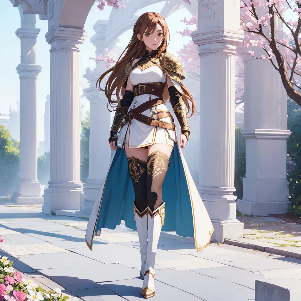 ((1girl, solo)), standing, beautiful body, (perfect anatomy, perfect body, perfect hands, perfect legs), natural proportions, sexy body, large breasts, ((full body, full body front)), hand on hip BREAK
((extremely detailed face)), (beautiful detailed eyes:1.6), (realistic pupils, realistic iris:1), expressive eyes, looking at viewer, (clear eyes:1.3), (hyperrealistic:1.2), (detailed skin texture:1.2), smooth skin, asuna yuuki, (brown hair:1.5), (brown eyes), long hair, braid, bangs, (detailed lips:1.3), (attractive lips:1.1), (glossy lips:1.1), perfect face, perfect eyes BREAK
mini dress, long sleeves, (shoulder armor:1.3), (arm guard:1.3), partially fingerless gloves, ((black thighhighs)), knee high boots, armored boots, thighs, zettai ryouiki, belt, cape BREAK
outdoors, day, (garden:1.5), (flower:1.3), (trees:1.3), (shade of trees:1.2), medieval BREAK
(masterpiece:1.5), anime-style, top quality, best quality, (beautiful and aesthetic:1.2), (ultra detail:1.5), Ultra-detailed depiction, Ultra-precise depiction, extremely detailed 8k illustration, high resolution, (highly detailed shading:1.2), (realistic lighting:1.4), perfect lighting, vibrant colors, dynamic tones, striking hues, 8k, absurd resolution, perfect shadows, hdr, UHD, ambient lighting, realistic, ultra-realistic, photo realistic, highly detailed, rich detail, luminous colors, fine texture, intricate design, professional illustration, (soft light:1.2), (illustration:0.7)