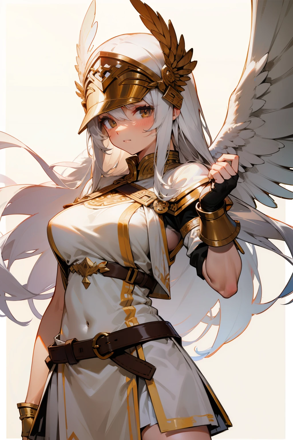 Cute girl, Long white hair, ancient Greek warrior helmet, short white dress underneath, brown belt, wraps on her hands, iron wings, big breasts, short skirt.