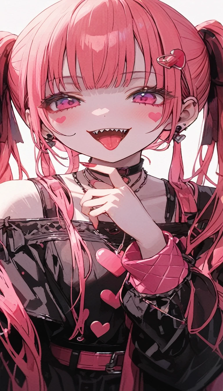 female\((Sango:1.2),12 year old,Caucasian skin,(evil smile:1.5),gaping mouth,sharped teeth,(Linguarudo:0.8),body hair\(Pink,twintails,detailded,Ablaze\),body hairclip\(amarelo e branco\),chemise\(open shoulder,longsleeve\),overskirt\(blackw,小柄\),brown belt,Corners of the eyes\(Pink\),(narrowed eyes\(gris\):0.8),very cute pose,breastsout\), break ,fund\(Simpler,cute,posh,tenebrosa,Pink heart marks\), break ,品質\(8K,wallpaper of extremely detailded CG unit, Masterpiece artwork,high resolution,top-品質,top-品質 real texture skin,hyperrealisti,Increase resolution,RAW Photos,melhor 品質,highly detailded,The wallpaper,cinematic lighting,ray tracing,golden ratio\),(dynamic angle),(close do rosto:2.0),[nsfw:2.0],gazing at viewer,blur