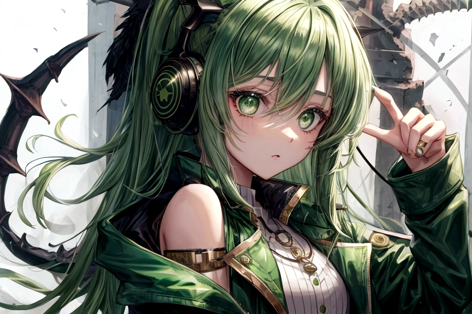 Girl, cute, green hair, green eyes, dragon horn headphone, jacket, magic circle