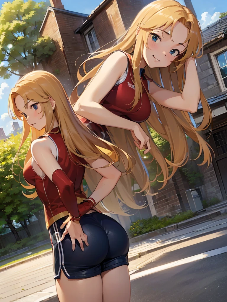 ((masterpiece) (((((Highest quality))))((high resolution))))), Very detailed, Ultra-realistic, 、Blonde)、、、City、building、、(、Embarrassed face、、Ass shorts、Face looking back、From below、((Low - Angle))、Track and field red uniform、garden、Sleeveless、Cowboy Shot、panties style