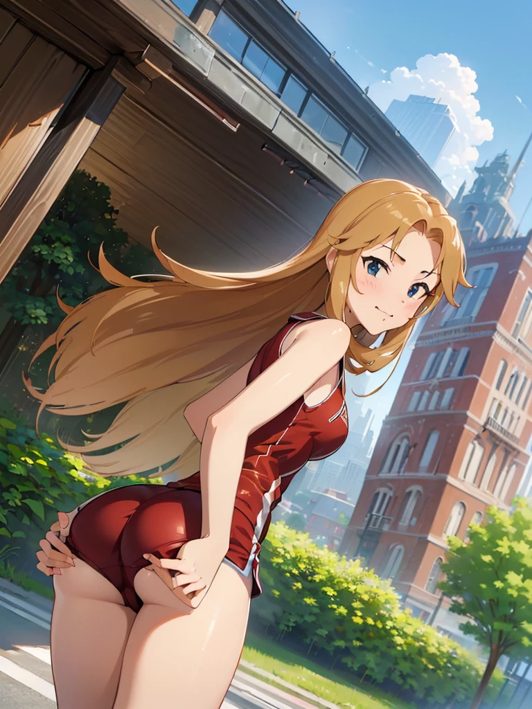 ((masterpiece) (((((Highest quality))))((high resolution))))), Very detailed, Ultra-realistic, 、Blonde)、、、City、building、、(、Embarrassed face、、Ass shorts、Face looking back、From below、((Low - Angle))、Track and field red uniform、garden、Sleeveless、Cowboy Shot、panties style