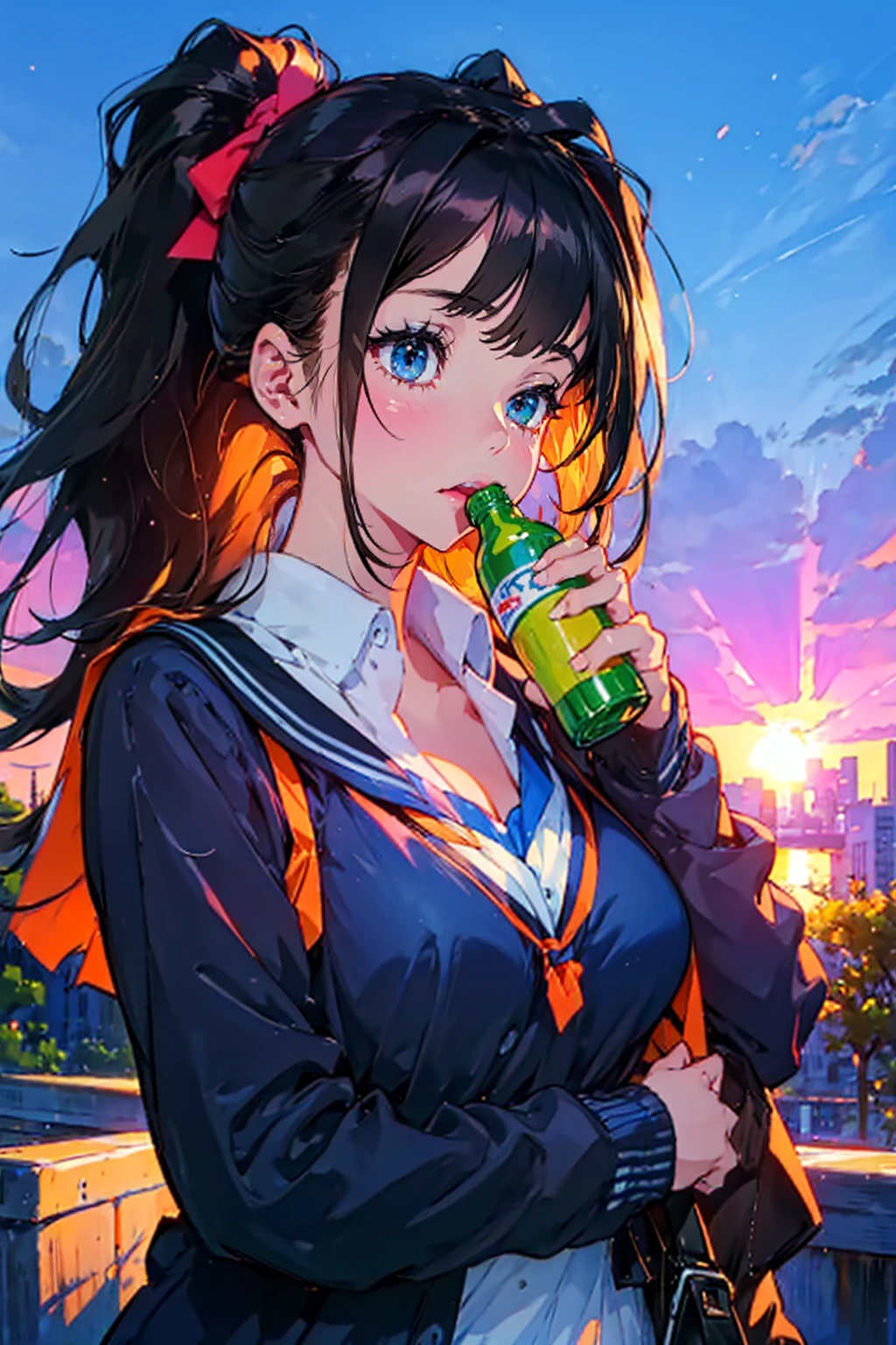 1girl,solo,cute,outdoor,student,uniform,big breast,cleavage,after school,sunset,from the front,take the bottle