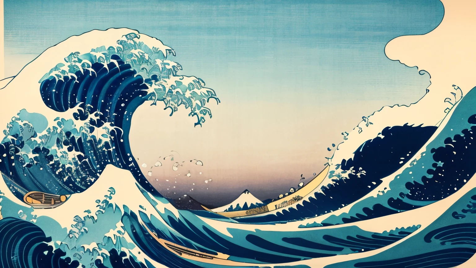 (Highest quality、masterpiece、High resolution、8K)、ukiyo-e、Hokusai、Fuji Mountain、White waves of the ocean、boat、Official Art、