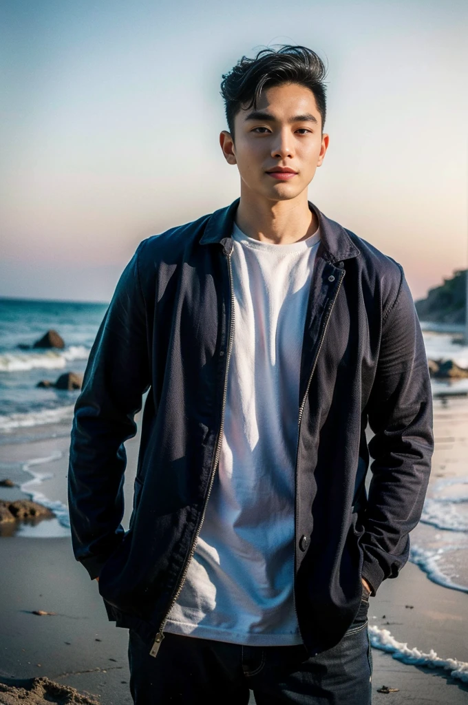 Realistic photography, 8k , handsome young chinese man , beach