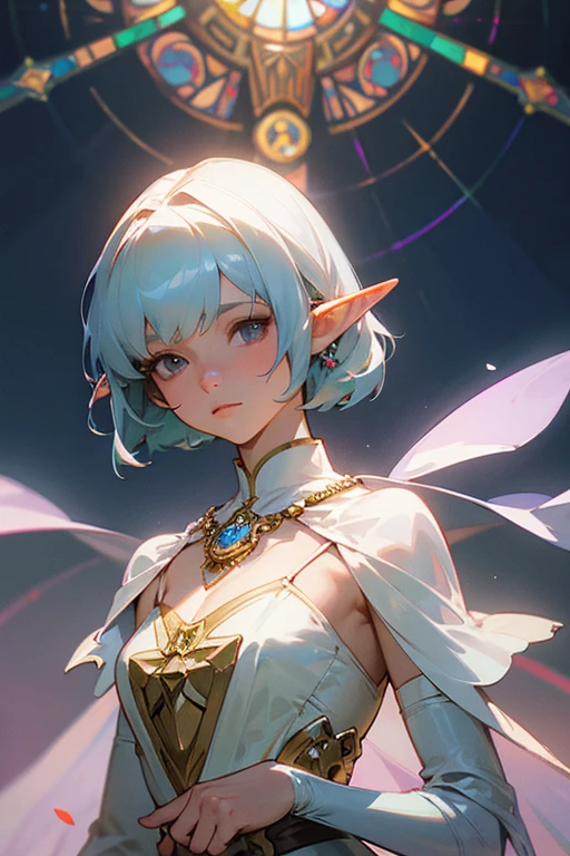 Waist shot of a female elf, Complex, Narrow Face, elegant, Wearing a sapphire necklace, White lightweight dress with straps, To the camera, Very detailed, Digital Painting, Art Station, Concept Art, Smooth, Sharp focus, figure, ArtJam、Greg Rutkowski、Art by Alphonse Mucha, 8K, Volumetric Fog, bloom, light, lumen, Crank blur、(background、Stained glass)