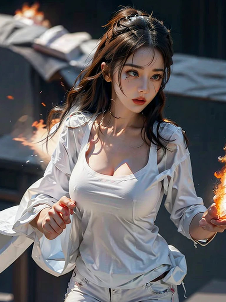 Big breasted female commander, Wear a torn white t-shirt. (Torn from combustion)+Torn white shorts (Torn from combustion), Count the soldiers and attack the enemy.