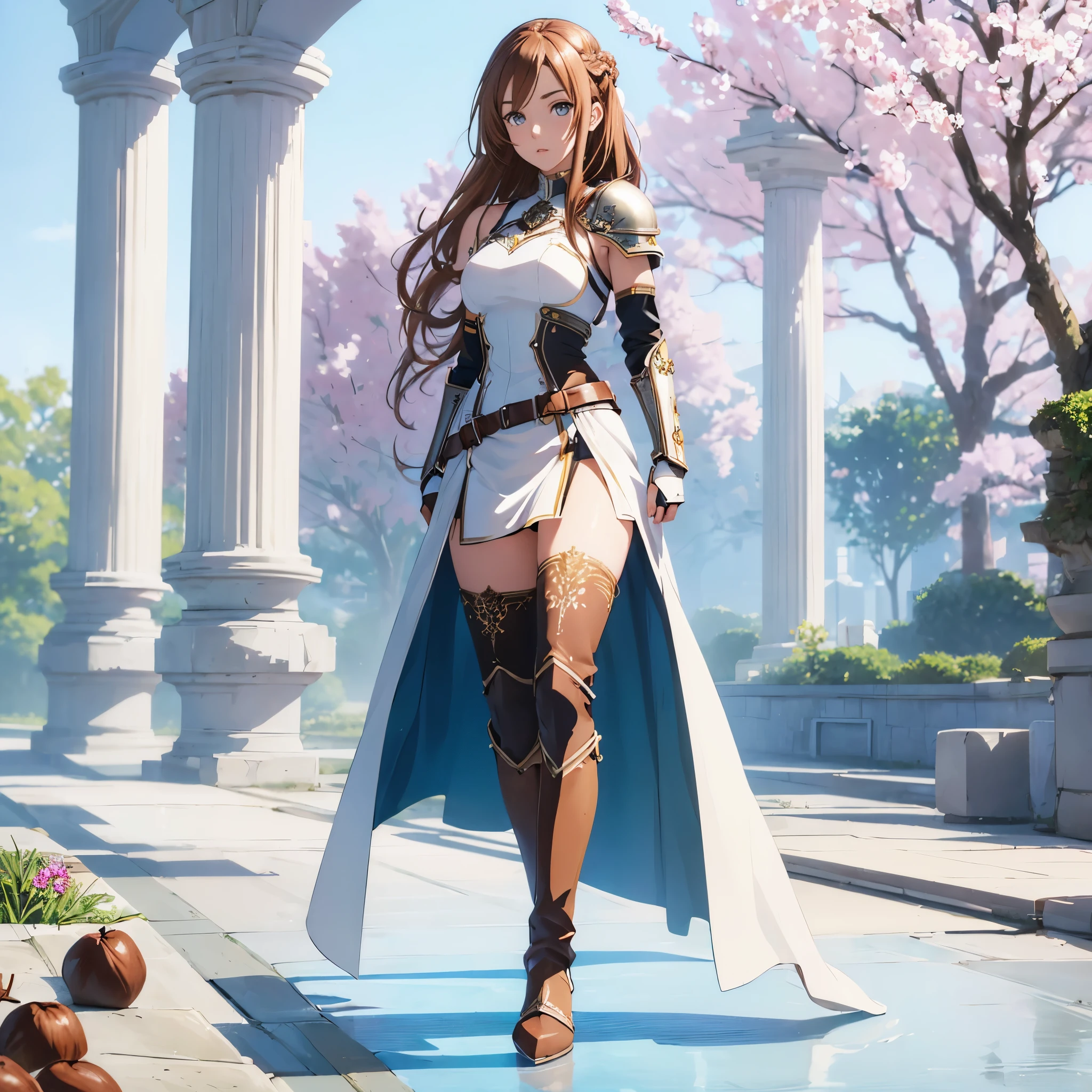 ((1girl, solo)), beautiful body, (perfect anatomy, perfect body, perfect hands, perfect legs), natural proportions, sexy body, large breasts, ((full body, full body front)), hand on hip BREAK

((extremely detailed face)), (beautiful detailed eyes:1.6), (realistic pupils, realistic iris:1), expressive eyes, looking at viewer, (clear eyes:1.3), (hyperrealistic:1.2), (detailed skin texture:1.2), smooth skin, asuna yuuki, (chestnut brown hair:1.5), (brown eyes), long hair, braid, bangs, (detailed lips:1.3), (attractive lips:1.1), (glossy lips:1.1), perfect face, perfect eyes BREAK

mini dress, long sleeves, (shoulder armor:1.3), (arm guard:1.3), partially fingerless gloves,  ((black thighhighs)), knee high boots, armored boots, thighs, zettai ryouiki, belt, cape BREAK

outdoors, day, (garden:1.4), flower, trees, (shade of trees:1.2) BREAK

(masterpiece:1.5), anime-style, top quality, best quality, (beautiful and aesthetic:1.2), (ultra detail:1.5), Ultra-detailed depiction, Ultra-precise depiction, extremely detailed 8k illustration, high resolution, (highly detailed shading:1.2), (realistic lighting:1.4), perfect lighting, vibrant colors, dynamic tones, striking hues, 8k, absurd resolution, perfect shadows, hdr, UHD, ambient lighting, realistic, ultra-realistic, photo realistic, highly detailed, rich detail, luminous colors, fine texture, intricate design, professional illustration, (soft light:1.2), (illustration:0.7)