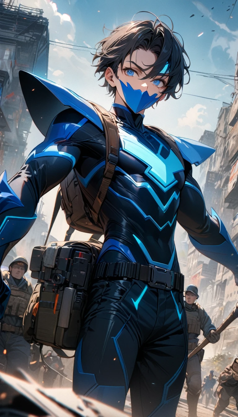 Young guy, short black hair, blue eyes, blue superhero form, sleeveless, superhero mask on eyes, staff, soldier backpack, gadgets, Masterpiece, best quality, Full HD, 8k, ultra details, great graphic