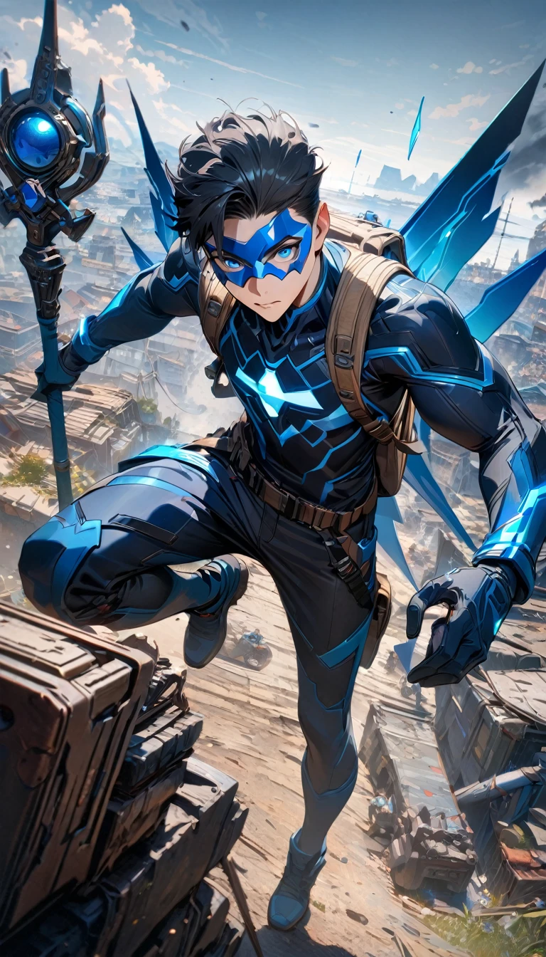 Young guy, short black hair, blue eyes, blue superhero form, sleeveless, superhero mask on eyes, staff, soldier backpack, gadgets, Masterpiece, best quality, Full HD, 8k, ultra details, great graphic