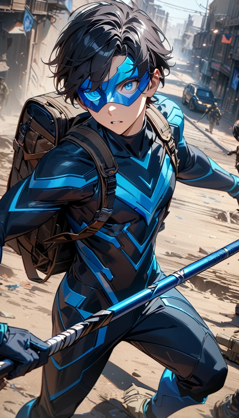 Young guy, short black hair, blue eyes, blue superhero form, sleeveless, superhero mask on eyes, staff, soldier backpack, gadgets, Masterpiece, best quality, Full HD, 8k, ultra details, great graphic
