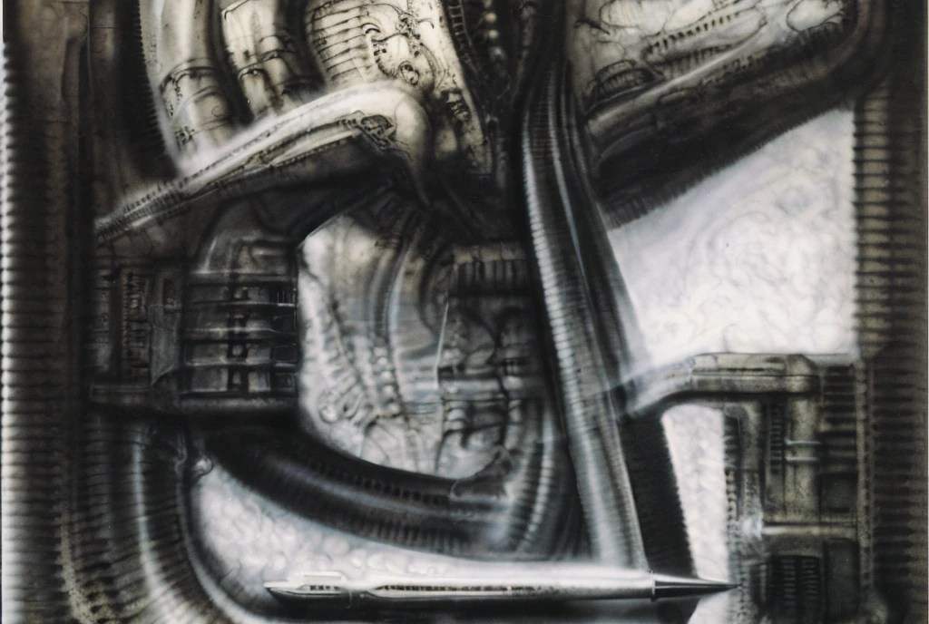 The image is a detailed view of H.R. Giger's biomechanical tableau \" Landscape XVI \" plate, featuring.
(airbrush painting, Giger's alien in front of broken alien ship in landscape, natural light, sharp focus, illustration, highly detailed, digital painting, concept art, matte, art by gric and kozhanov and moebius and Alphonse Mucha, masterpiece, HDR ,UHD , uplight, in HRGigerArhP style);1.
surrealistic painting of a monster with multiple tentacles and a body that looks like a brain, surrounded by a chaotic scene of swirling clouds and other monsters
It's a complex network of bones and organs in eldritch color scheme:a greenish-brown hue ,swirling gery and brown colors. The artwork is silverish and green brown, with an ivory bones prominently displayed. The image is highly detailed and intricate, almost like a 3d version of a medical sketchwork.
The piece is a tableau, most likely created with a India ink pen or pencil on paper, determined by the thin lines, shading techniques, and the texture of the paper, which is visible around the edges.
Used is pen, given the shading and variations in line weight visible in the image. Artist have used a variety of stylus with different degrees of hardness to achieve the shading effects.
The use of undersaturated green-grays dark contrasts creates a stark and graphic look. Is used a variety of linework techniques to create different textures. Fine, parallel lines create a smooth, metallic texture,while thicker, more cursive lines suggest cables or wires.
Light source from the top highlights skeletals, pper part of foreground, lower part of image is in shadowupper part of foreground, lower part of image is in shadow.
The art performance showcases the artist’s skills in observation and rendering. The level of detail in the piece suggests a close study of real bone specimens and mechanics. The artist has skillfully used shading techniques to create a convincing illusion of three-dimensionality on a flat surface. The wrinkles