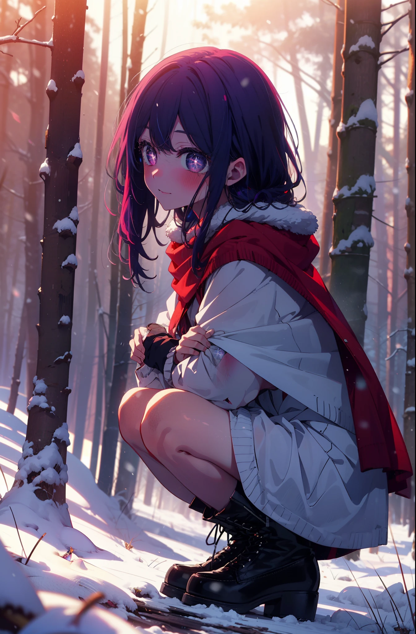 aihoshino, Ai Hoshino, Long Hair, bangs, (Purple eyes:1.1), Purple Hair, (Symbol-shaped pupil:1.5), smile,,smile,blush,White Breath,
Open your mouth,snow,Ground bonfire, Outdoor, boots, snowing, From the side, wood, suitcase, Cape, Blurred, , forest, White handbag, nature, Squat, Mouth closed, Cape, winter, Written boundary depth, Black shoes, red Cape break looking at viewer, Upper Body, whole body, break Outdoor, forest, nature, break (masterpiece:1.2), Highest quality, High resolution, unity 8k wallpaper, (shape:0.8), (Beautiful and beautiful eyes:1.6), Highly detailed face, Perfect lighting, Highly detailed CG, (Perfect hands, Perfect Anatomy),