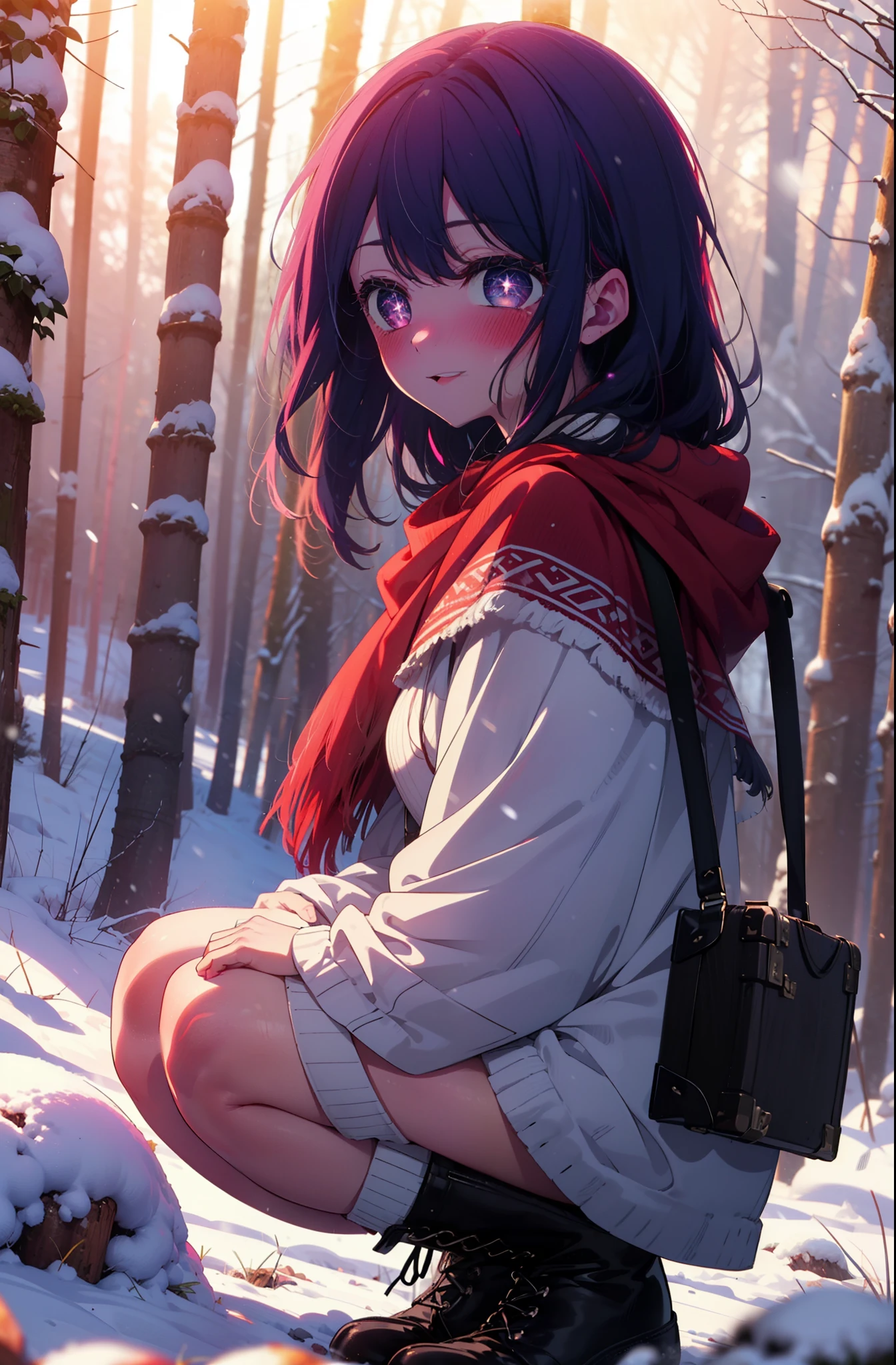 aihoshino, Ai Hoshino, Long Hair, bangs, (Purple eyes:1.1), Purple Hair, (Symbol-shaped pupil:1.5), smile,,smile,blush,White Breath,
Open your mouth,snow,Ground bonfire, Outdoor, boots, snowing, From the side, wood, suitcase, Cape, Blurred, , forest, White handbag, nature,  Squat, Mouth closed, Cape, winter, Written boundary depth, Black shoes, red Cape break looking at viewer, Upper Body, whole body, break Outdoor, forest, nature, break (masterpiece:1.2), Highest quality, High resolution, unity 8k wallpaper, (shape:0.8), (Beautiful and beautiful eyes:1.6), Highly detailed face, Perfect lighting, Highly detailed CG, (Perfect hands, Perfect Anatomy),