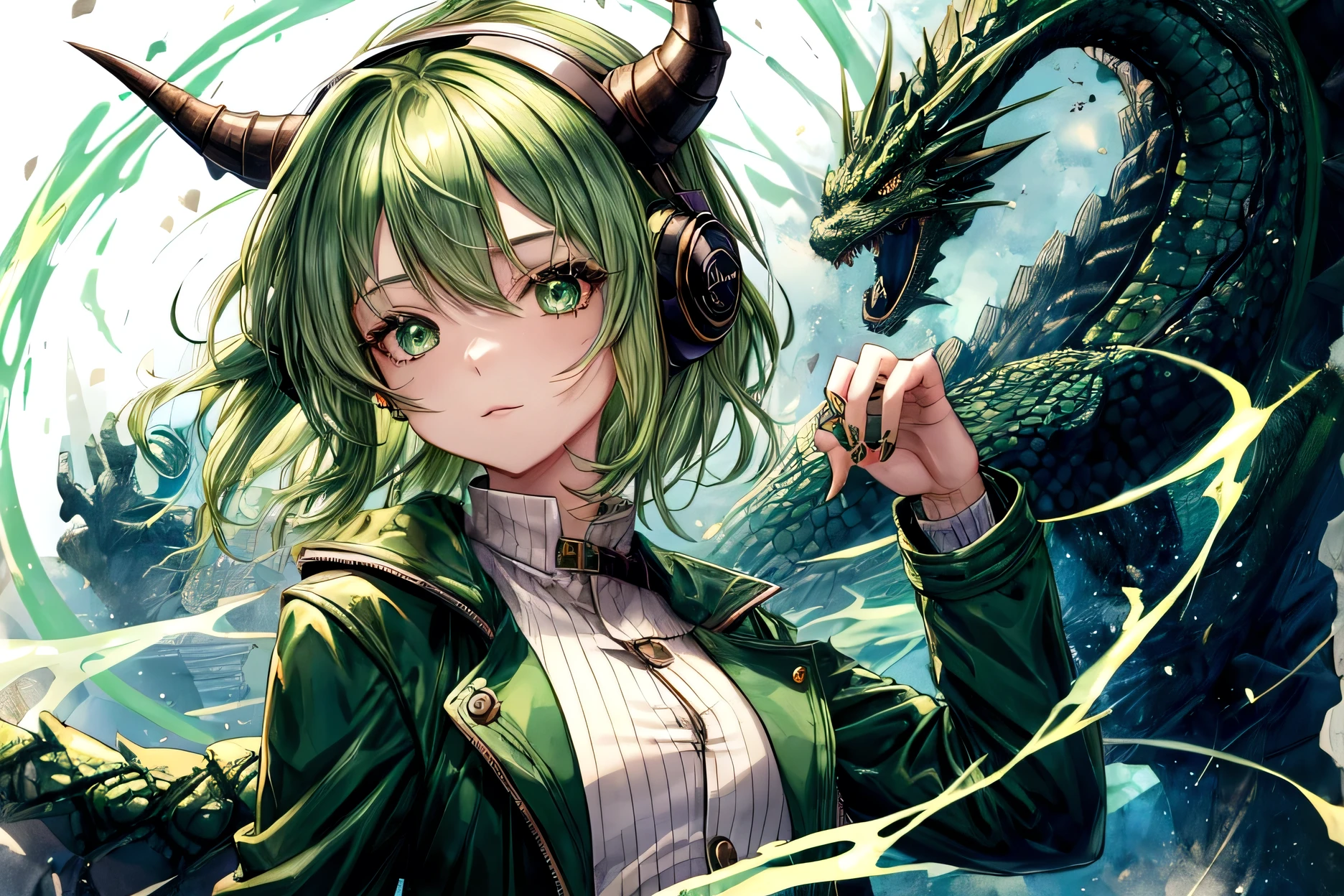 Girl, cute, green hair, green eyes, dragon horn headphone, jacket, magic circle