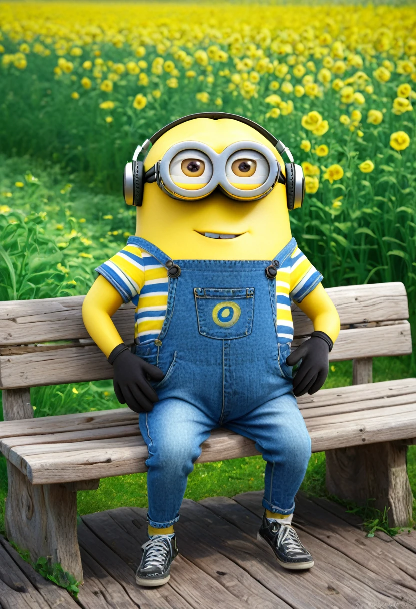 A delightful illustration of a humorous, potato-shaped minion character, dressed in a denim jumpsuit with the yellow word "Belarus" emblazoned on the chest. The potato-minion sits comfortably on an old wooden bench, donning a pair of headphones. A striped cat lounges nearby on bench, while a tiny, colorful bird perches on the minion's hand. The atmosphere exudes peace and relaxation, reminiscent of a warm, sunny day, flowers. The artwork is reminiscent of Russian artists, with a touch of painting and illustration, creating a vibrant and cinematic scene., product, painting, cinematic